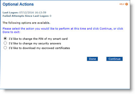 User portal Optional Actions screen displaying a list of available actions, as well as two buttons at the bottom of the screen: Done and Continue